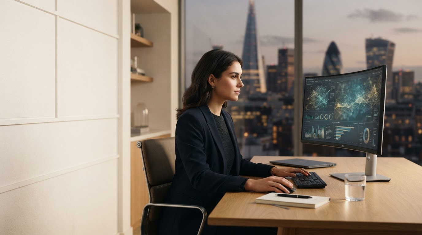 Meridian AI predictive analysis dashboard shown over a calm working environment